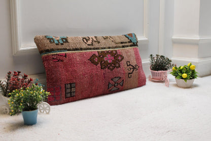 Handmade Pink Turkish Rug Pillow Cover: Organic Wool Lumbar Cushion (12x24 in)