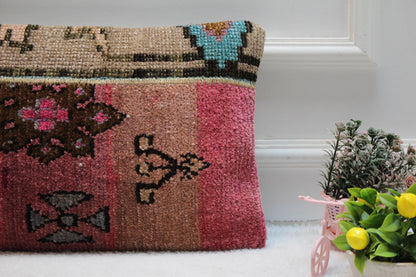 Handmade Pink Turkish Rug Pillow Cover: Organic Wool Lumbar Cushion (12x24 in)
