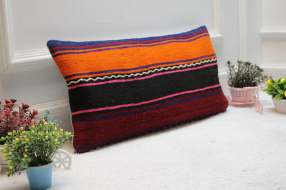 Striped Kilim Pillow Cover: Handmade Organic Wool Boho Throw (12x24 inc)
