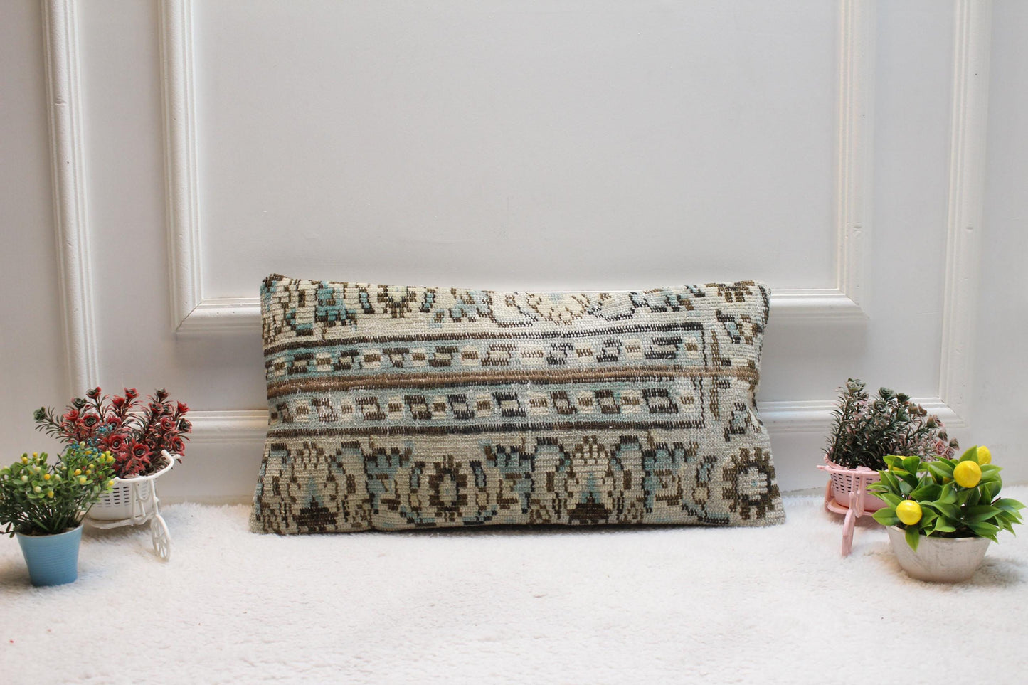 Handmade Kilim Lumbar Pillow Cover: Boho Woven Rug Pillow (12x24 inc)