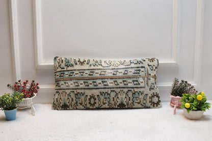 Handmade Kilim Lumbar Pillow Cover: Boho Woven Rug Pillow (12x24 inc)