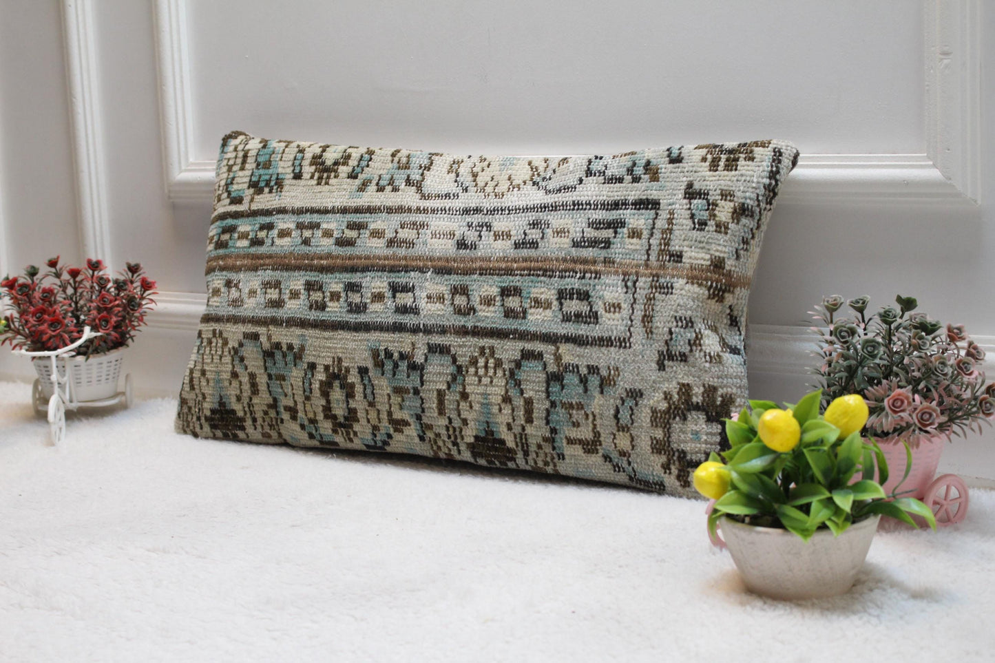 Handmade Kilim Lumbar Pillow Cover: Boho Woven Rug Pillow (12x24 inc)