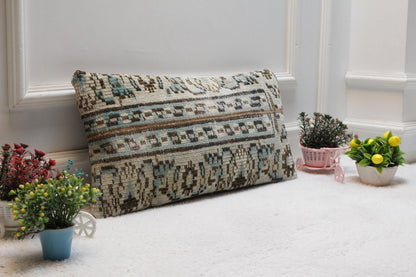 Handmade Kilim Lumbar Pillow Cover: Boho Woven Rug Pillow (12x24 inc)