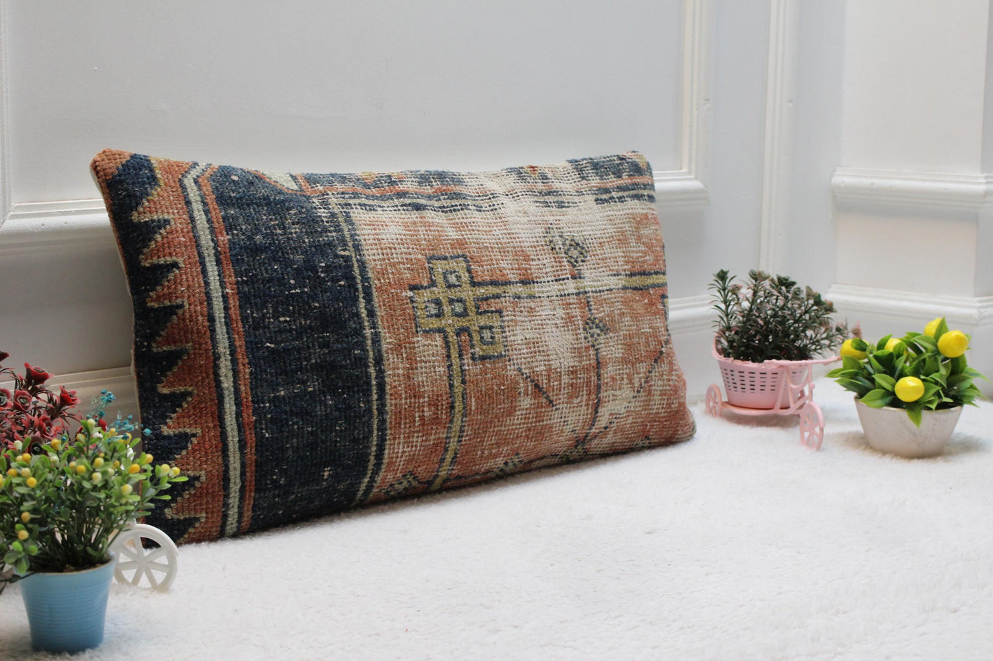 Handmade Kilim Pillow Cover: Upcycled Woven Rug, Bohemian Decor (12x24 inc)
