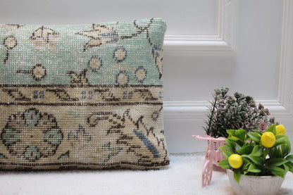 Blue Vintage Turkish Rug Pillow Cover: Handmade Wool Lumbar Pillow (12x24 inc)