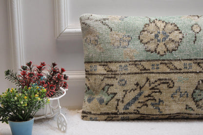 Blue Vintage Turkish Rug Pillow Cover: Handmade Wool Lumbar Pillow (12x24 inc)