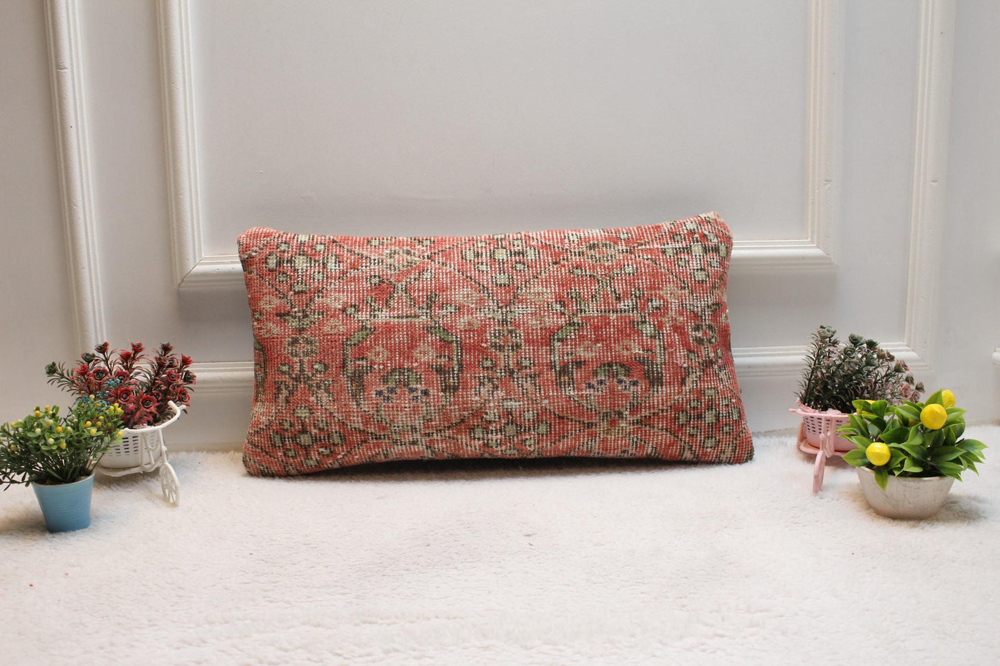 Red Turkish Rug Pillow Cover: Vintage Anatolian Kilim, 12x24 inch