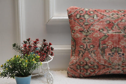Red Turkish Rug Pillow Cover: Vintage Anatolian Kilim, 12x24 inch