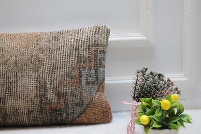 Handmade Turkish Rug Lumbar Pillow Cover: Organic Wool Boho Design (12x24 in)