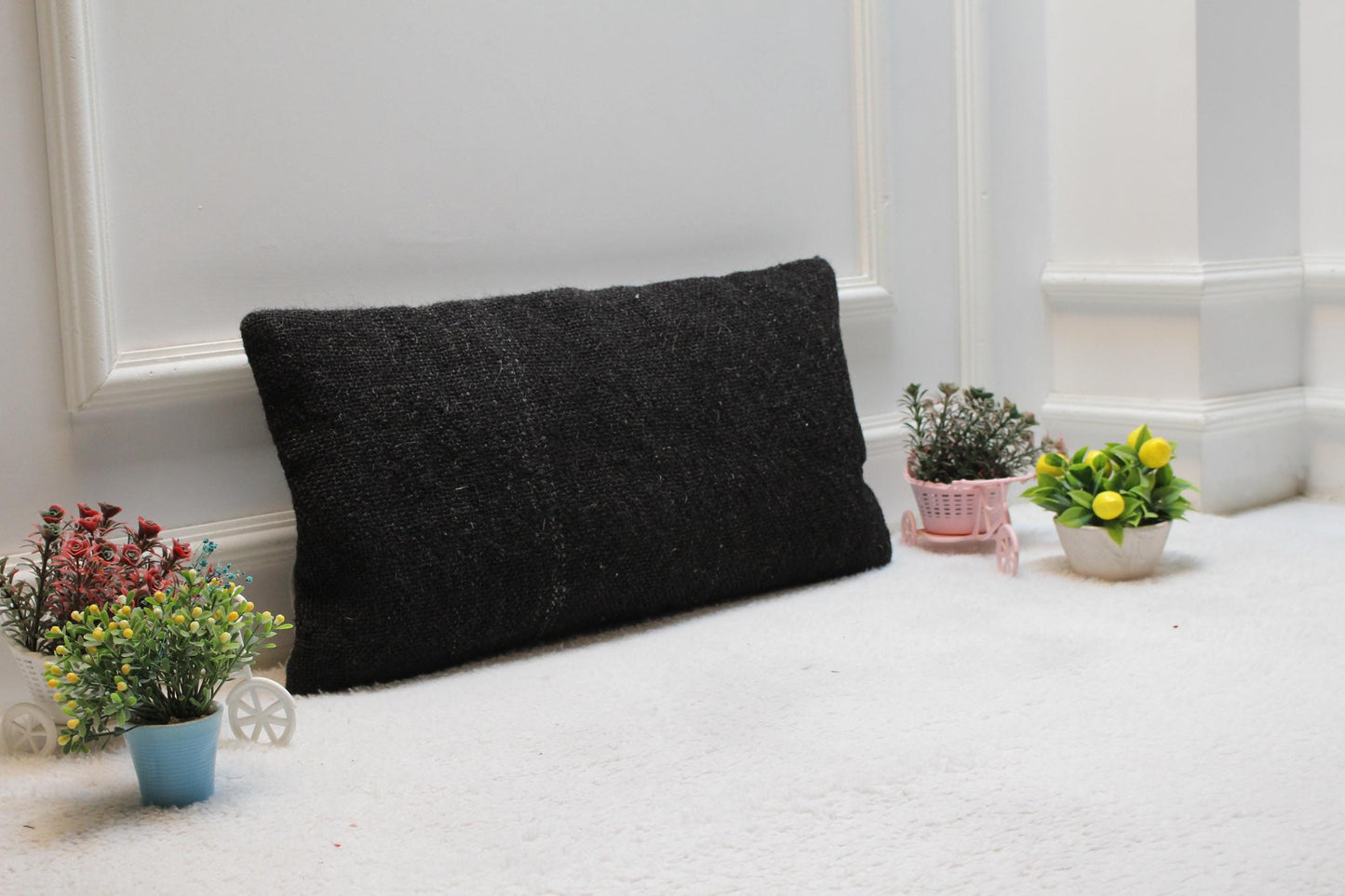 Black Kilim Lumbar Pillow Cover: Vintage Woven Rug, 12x24 inch