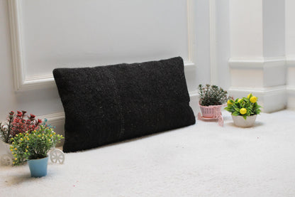 Black Kilim Lumbar Pillow Cover: Vintage Woven Rug, 12x24 inch