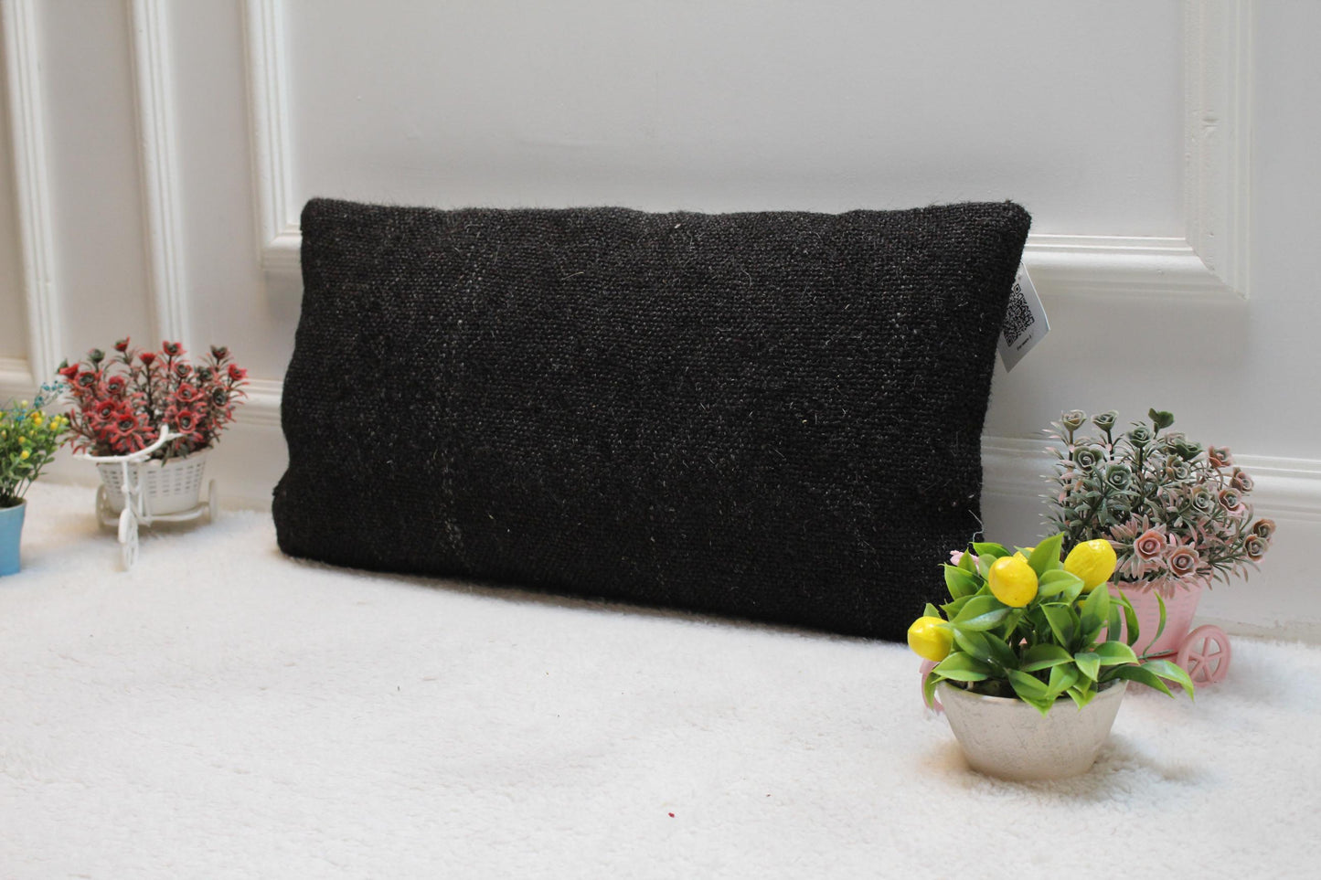 Black Kilim Lumbar Pillow Cover: Vintage Woven Rug, 12x24 inch