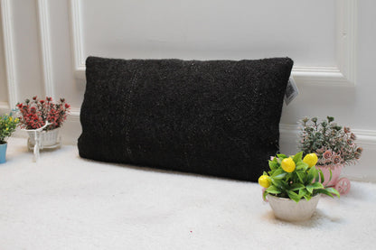 Black Kilim Lumbar Pillow Cover: Vintage Woven Rug, 12x24 inch
