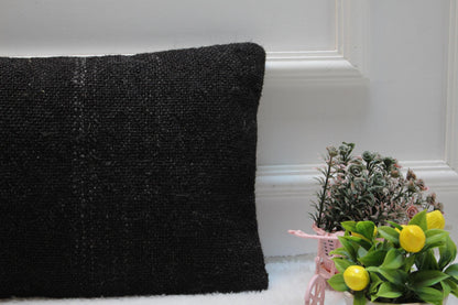 Black Kilim Lumbar Pillow Cover: Vintage Woven Rug, 12x24 inch