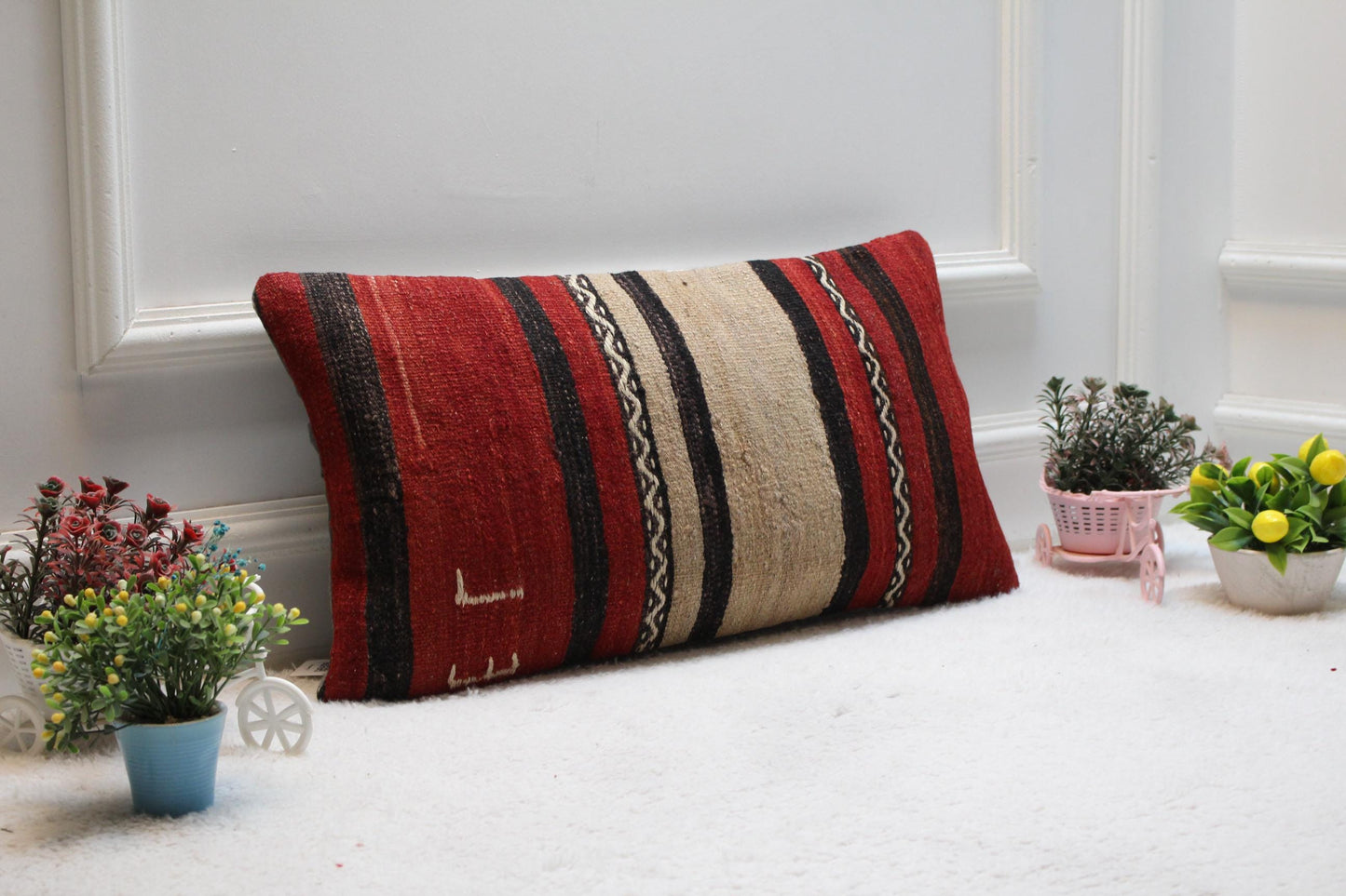Handmade Striped Kilim Pillow Cover: Red & Beige Boho Decor (12x24 in)