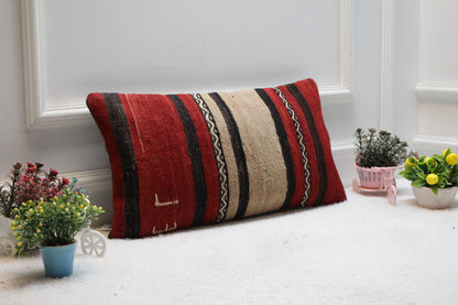 Handmade Striped Kilim Pillow Cover: Red & Beige Boho Decor (12x24 in)