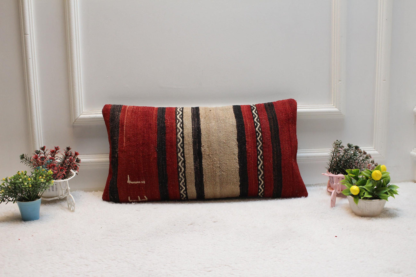 Handmade Striped Kilim Pillow Cover: Red & Beige Boho Decor (12x24 in)