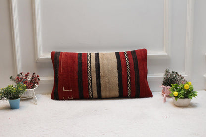 Handmade Striped Kilim Pillow Cover: Red & Beige Boho Decor (12x24 in)