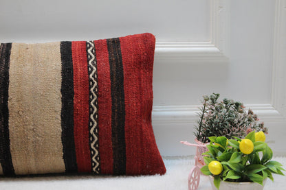 Handmade Striped Kilim Pillow Cover: Red & Beige Boho Decor (12x24 in)