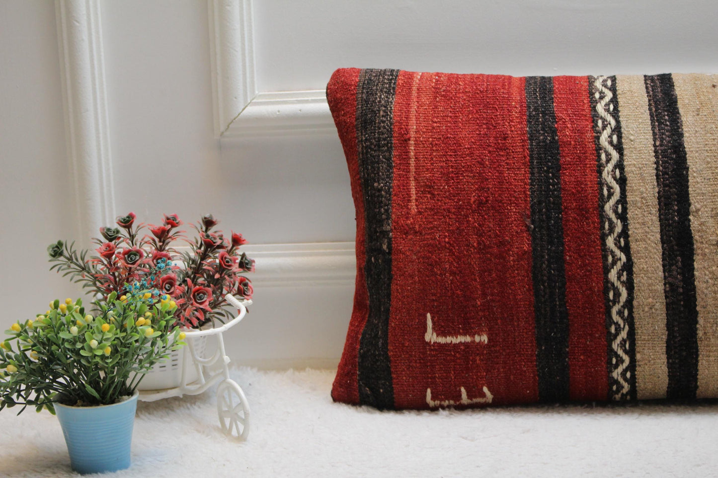 Handmade Striped Kilim Pillow Cover: Red & Beige Boho Decor (12x24 in)