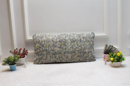 Handmade Kilim Lumbar Pillow Cover: Blue & Green Boho Design (12x24 inc)