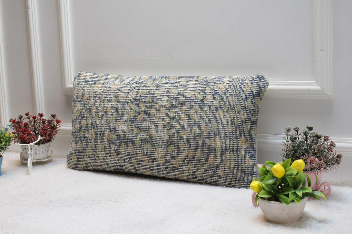 Handmade Kilim Lumbar Pillow Cover: Blue & Green Boho Design (12x24 inc)