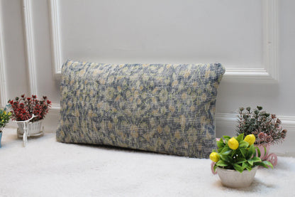 Handmade Kilim Lumbar Pillow Cover: Blue & Green Boho Design (12x24 inc)