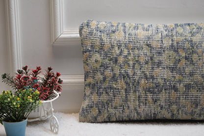 Handmade Kilim Lumbar Pillow Cover: Blue & Green Boho Design (12x24 inc)