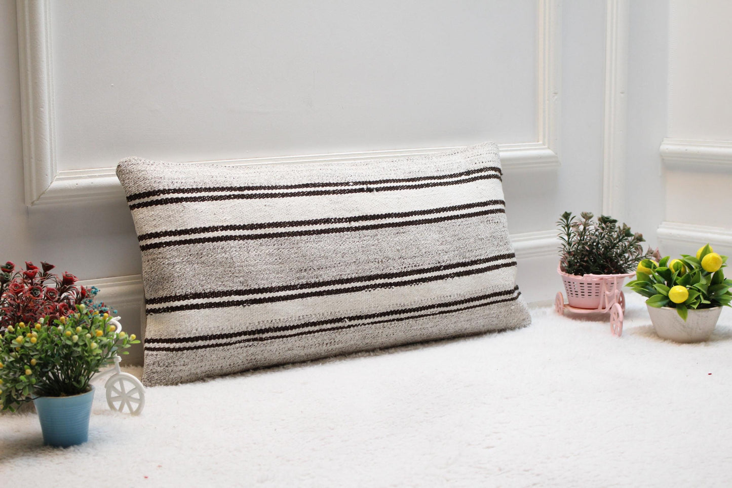 Handmade Kilim Lumbar Pillow Cover: White & Gray Boho Decor (12x24 in)