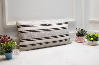 Handmade Kilim Lumbar Pillow Cover: White & Gray Boho Decor (12x24 in)