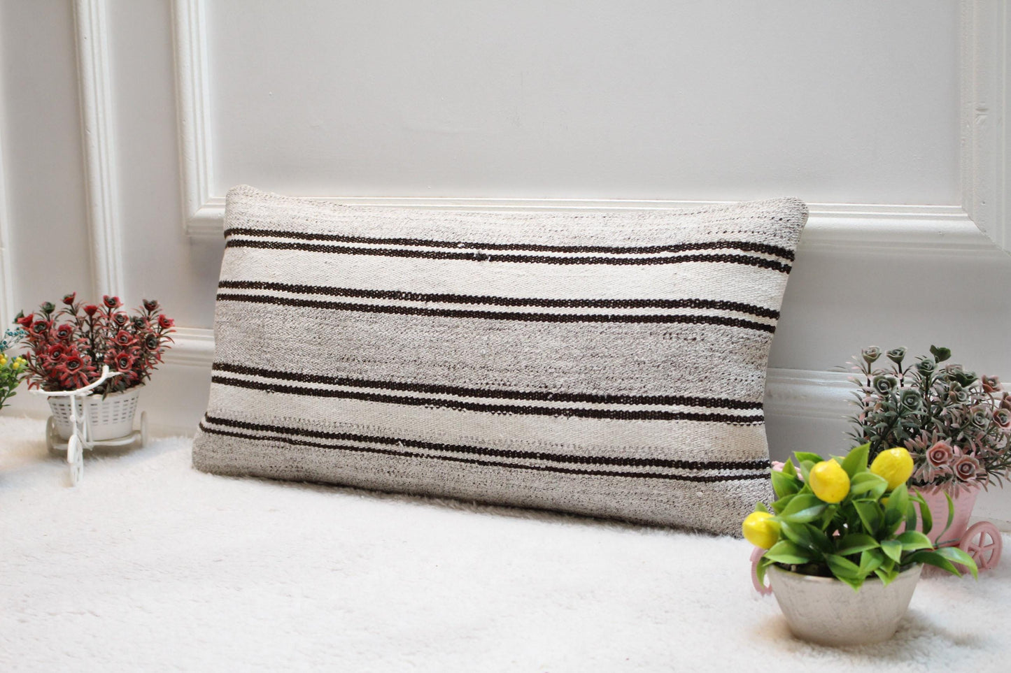 Handmade Kilim Lumbar Pillow Cover: White & Gray Boho Decor (12x24 in)