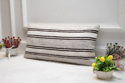 Handmade Kilim Lumbar Pillow Cover: White & Gray Boho Decor (12x24 in)