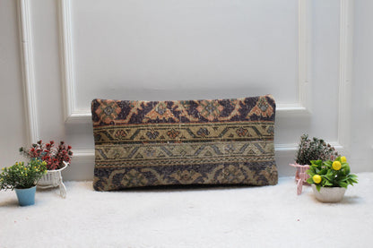 Vintage Turkish Rug Lumbar Pillow Cover: Organic Wool, 12x24 inch
