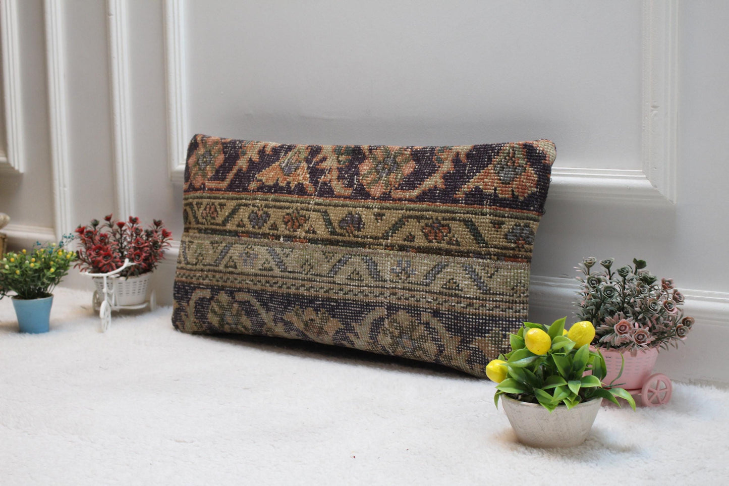 Vintage Turkish Rug Lumbar Pillow Cover: Organic Wool, 12x24 inch