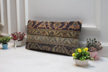 Vintage Turkish Rug Lumbar Pillow Cover: Organic Wool, 12x24 inch