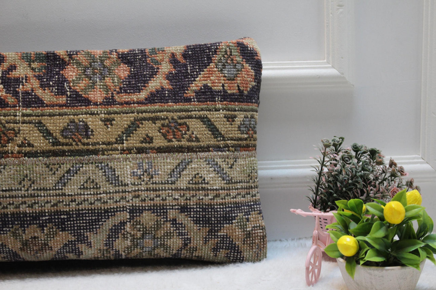 Vintage Turkish Rug Lumbar Pillow Cover: Organic Wool, 12x24 inch