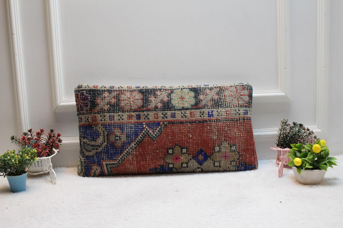 Handmade Turkish Rug Lumbar Pillow Cover: Vintage Anatolian Design, 12x24 inch