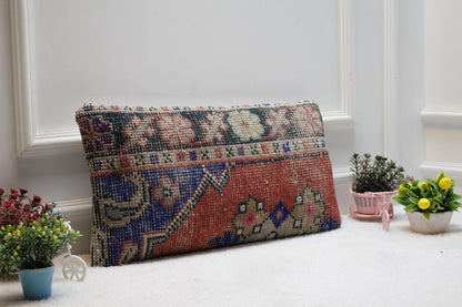 Handmade Turkish Rug Lumbar Pillow Cover: Vintage Anatolian Design, 12x24 inch