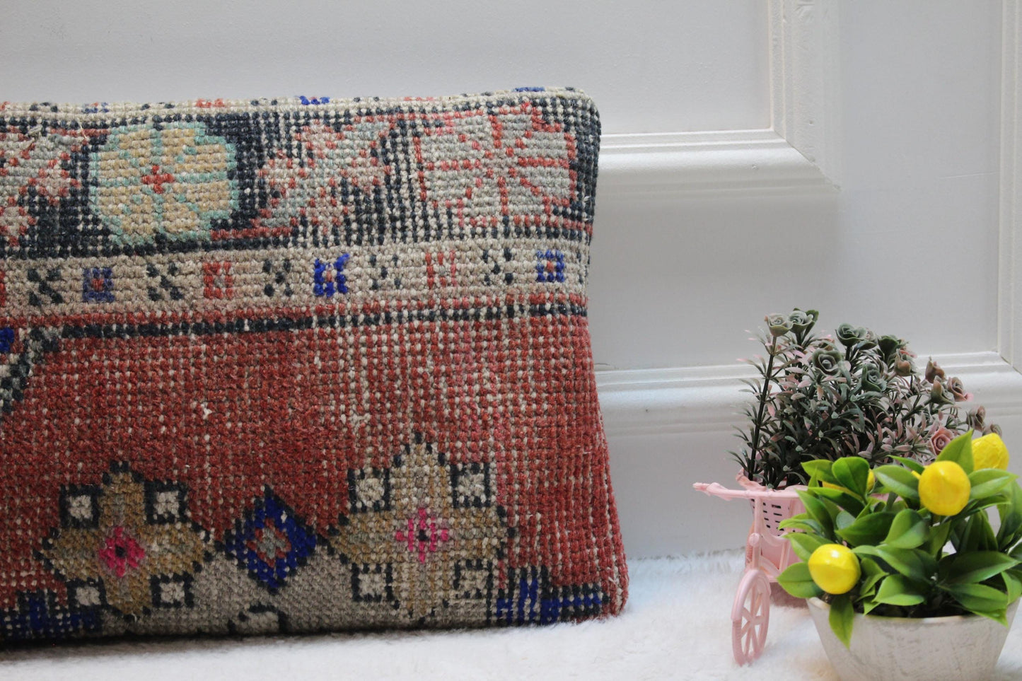 Handmade Turkish Rug Lumbar Pillow Cover: Vintage Anatolian Design, 12x24 inch