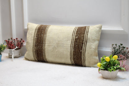 Striped Kilim Pillow Cover: Vintage Anatolian Wool, Beige & Brown (12X24 in)