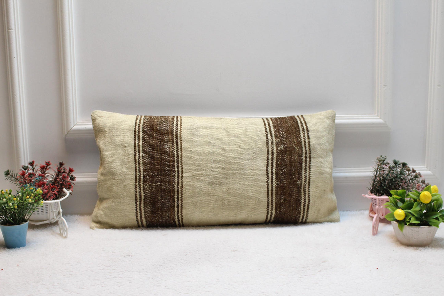 Striped Kilim Pillow Cover: Vintage Anatolian Wool, Beige & Brown (12X24 in)