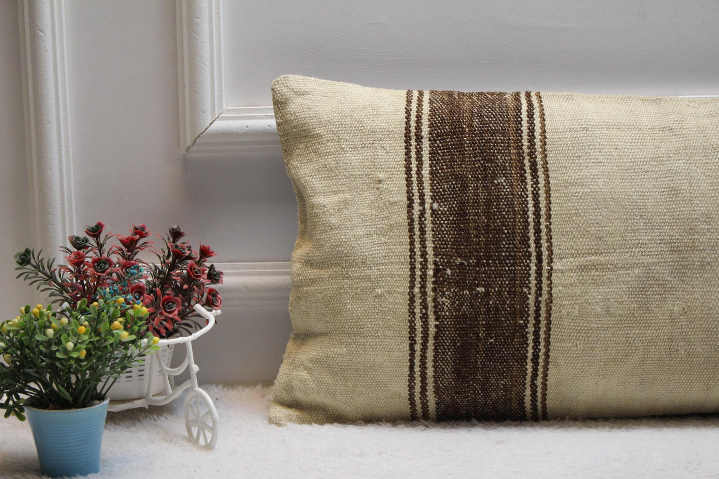 Striped Kilim Pillow Cover: Vintage Anatolian Wool, Beige & Brown (12X24 in)