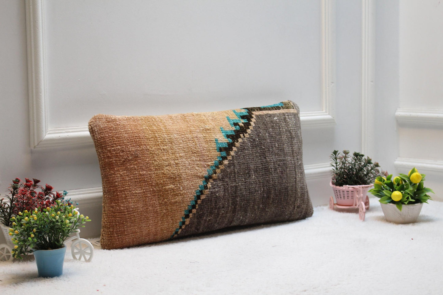 Handmade Turkish Kilim Pillow Cover: Upcycled Woven Rug, 12x24 inch