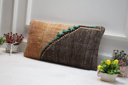 Handmade Turkish Kilim Pillow Cover: Upcycled Woven Rug, 12x24 inch