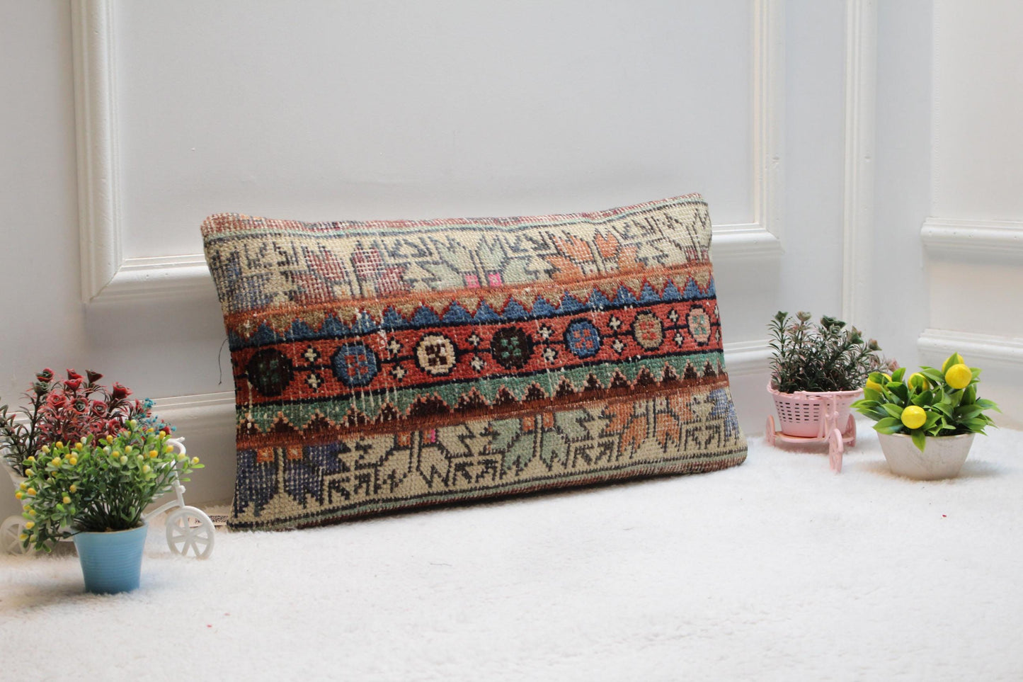 Handmade Kilim Lumbar Pillow Cover: Turkish Rug Design (12x24 in)