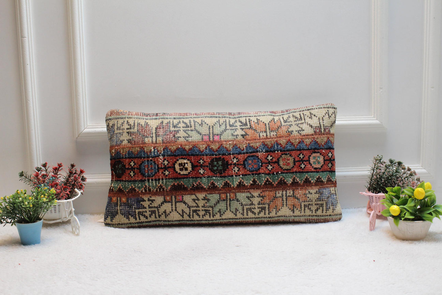 Handmade Kilim Lumbar Pillow Cover: Turkish Rug Design (12x24 in)