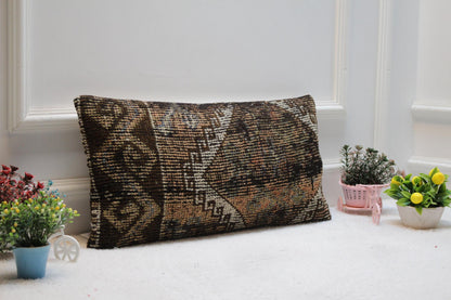 Handmade Turkish Rug Lumbar Pillow Cover: Vintage Woven Wool (12x24 in)