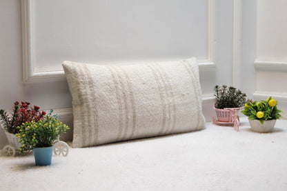 Handmade White Kilim Lumbar Pillow Cover: Bohemian Decor (12x24 in)