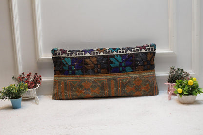 Handmade Vintage Turkish Rug Pillow Cover: Patchwork Lumbar Pillow (12x24 in)