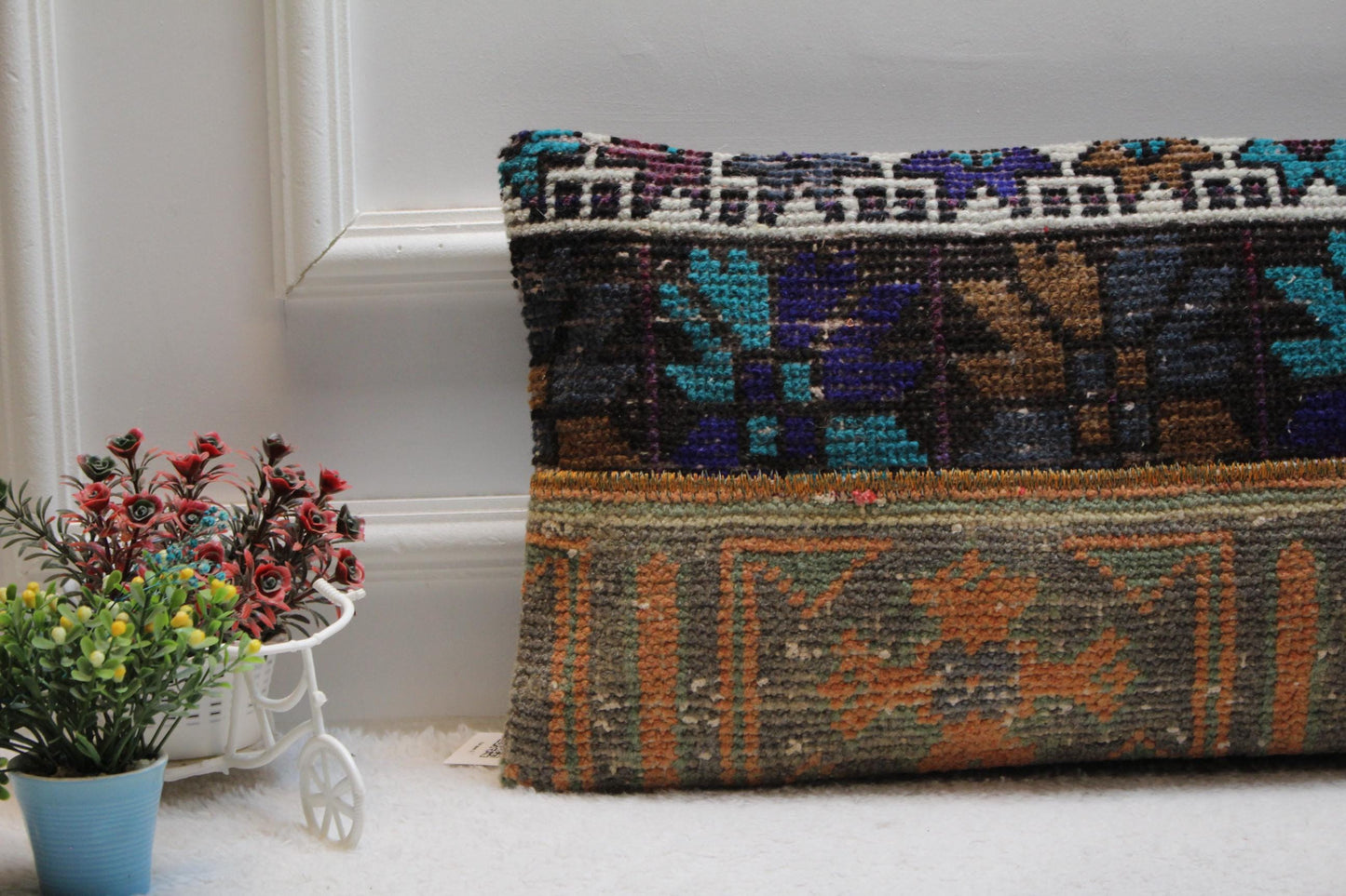 Handmade Vintage Turkish Rug Pillow Cover: Patchwork Lumbar Pillow (12x24 in)
